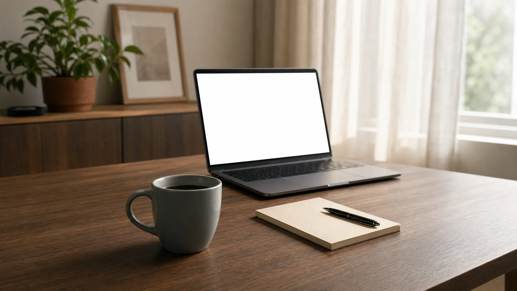 机に開いたノートパソコンと、コーヒーのマグ、メモ帳とペン。オンラインで落ち着いて話す無料相談の場を表す写真。